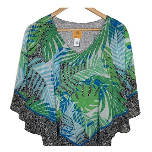 Ruby Rd Palm Leaf Poncho Top Small V-Neck Boho Cruise Resort Tropical Blouse - Picture 2 of 10
